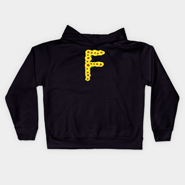 Sunflowers Initial Letter F (Black Background) Kids Hoodie by Art By LM Designs 